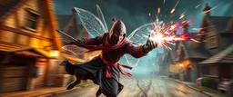 super duper mega ninja rock star fairy thief priest dungeons magician throwing a wild magic spell that performs while flying at high speed through cyber punk village, background motion blur, painted by Rembrandt