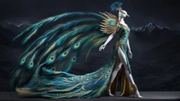 A majestic figure with a bird-like head and long, flowing feathers that resemble a peacock's tail. The figure stands against a dark, mountainous backdrop. The feathers are vibrant with shades of blue, green, and gold, and they spread out dramatically, almost as if they are in motion. The figure's body is adorned with intricate patterns and designs, and it wears a long, flowing dress that mirrors the colors and patterns of the feathers. The dress has a high slit on one side, revealing a leg.