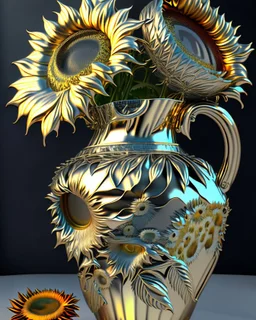 Girasoles de Vicent Van Gogh en metal brillante, florero plateado brillante, arte digital 3D maximalista, calidad ultra, intrincado, hiperdetallado, increíble obra de arte, 8k