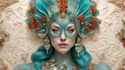 Beautiful woman portrait, adorned with m white blue and turquoise metallic filigree floral embossed and jade and malachite ribbed mineral stone colours and beige eggshell ocous and sea horse colour and brown and coralls red mollusk shell headdress, venetian style mollusk shell face masque and wearing sea costume armour ribbed with irridescent bioluminescense Golden dust and mollusk shell ribbed costume organic bio spinal ribbed detail of full extremely detailed hyperre