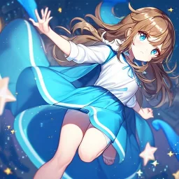 Clear focus, High resolution, A anime teen, cute, rough line skecth, star around kid, sparkling eyes, medium fluffy brown hair, blue sparkling eyes, 1girl (solo), wearing a blue snow cloak and a white shirt, epic battle stance, (((Full body)))