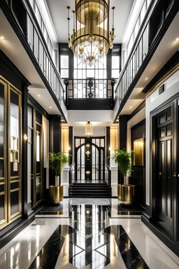 double height luxurious entrance lobby with black white and gold interior theme