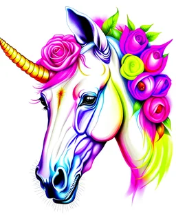 UNICORN PORTRAIT CLORFULL ROSES WHITE BACKGROUND