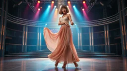 full body shot of a very beautiful Azeri lady with makeup and bob hair, wearing a pretty long skirt and heels, dancing gracefully on a modern stage with luxury structure and dynamic color lights.