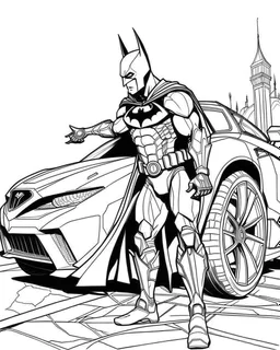 real massive batman attact to a car, coloring page, full body (((((white background))))), only use an outline., real style, line art, white, clean line art, white background, Sketch style.