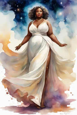 In this galaxy digital watercolor painting, we witness the majestic presence of an African plus-size female as she moves with grace and elegance. She strides confidently forward, each step a testament to her inner strength and beauty. Adorned in an off-white maxi dress that billows around her like a celestial cloud, she exudes an aura of ethereal charm. Her hazel eyes sparkle with wisdom and warmth, framed by prominent makeup that accentuates her features. A coy smile plays upon her lips, hint