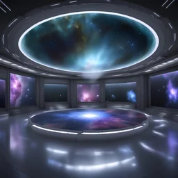 hyper realistic lig 2 Extra terrestials light glowing beings++large Glassroom showcase cosmos view galaxies, stars, inside a interstellar station, 2 Extra terrestials light glowing beings++large Glassroom showcase cosmos view galaxies, stars, ,control panels in a very large round room with Glassroom showcase cosmos view, Unitary command base , 2 Extra terrestials light glowing beings,very large white cristal light starship ,2 ufo flying in the sky, above a light starship central galactic sun ,