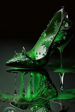 dark fantasy, intricate cover, a whimsical fairytale, translucent shoe made of green glass with drops of blood underneath