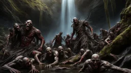 a pile of rotting zombies at the foot of a 3.000 feet high waterfall. fantasy setting, horror. exquisite realism, a masterpiece, fantasy concept art, dynamic lighting, hyperdetailed, intricately detailed, deep color, Unreal Engine, volumetric lighting, Epic cinematic brilliant stunning intricate meticulously detailed dramatic atmospheric maximalist digital matte painting