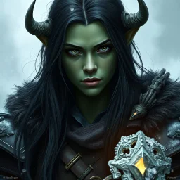 A digital illustration shoot from a portrait camera angle about a portrait of a young orc woman with dull green skin. In the middle of the image, a 20 years old orcish woman, appears to be looking at the viewer lost in thought. she has long black hair and is wearing armour. Fantasy, skyrim, ice magic