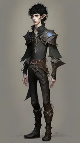 boy elf,he has curly, black hair and sharp cheekbones. His eyes are black. He wears fantasy medieval clothes. he is lean and tall, with pale skin, full body with boots, side view full body side body