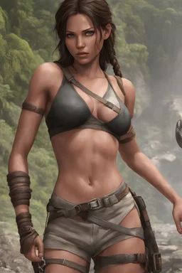 digital image of young Lara Croft from Tomb Raider, belly piercing, slim body