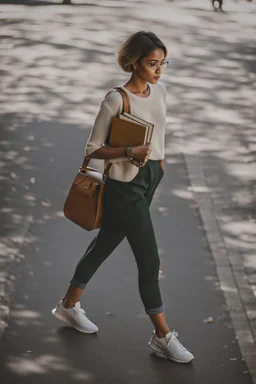 color photo of a student girl 22 years old ,short hair with her books in her hand walking in street,next to trees.