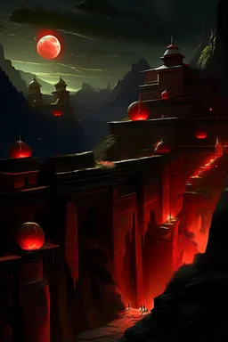 View of an ancient walled city sitting in a canyon as viewed from the rim of the canyon, the city is lighted by torches placed along the walls with windows high upon the wall, One window has a scarlet cord draped out reaching the ground, the sky is dark and surrealistic with planets and moons on the horizon, the rim of the canyon has armored soldiers laying in wait while 2 spies work their way down to the outside of the city wall where the scarlet cord hangs from the window above a cross