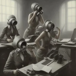 cute girls sitting at the computer in military gas masks. one of the girls is sticking out of the canale