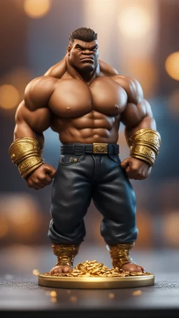 black hunk Abobo from double dragon printed on golden coin ,bokeh like f/0.8, tilt-shift lens 8k, high detail, smooth render, down-light, unreal engine, prize winning