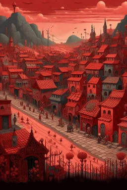 A dark red Day of the Dead themed town painted by Qiu Ying