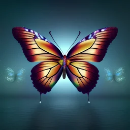 Alien butterfly by a lake, deep colors, high resolution, super realistic