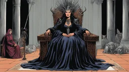 [colour illustration for Sorceress (1982)] Leigh Harris as the dark Lady of Whispers sits upon her ornate throne looking down at Lynette Harris the poor farmer woman knelt before her, her eyes downcast in a mixture of fear and defiance.