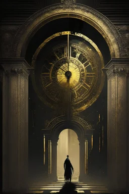 A person, a palace, a time gate, dark black and golden colour