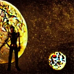 cyborg one man band, instruments, full moon background center large, steampunk style, 3d, hd