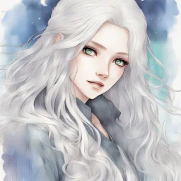 a close-up headshot of a young woman with long white hair, silver eyes with long lashes, pale skin, a slim delicate build, prone to illness, shy, anime style, intricately detailed, colored sketchy manga style, splotchy watercolor background