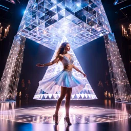 stage inside of a 3d crystal pyramid lovely light reflections ,full body shot of very beautiful lady skirt and bluse , Braided hair ,dancing in stage in the crystal cube pretty makeup,full cube shot