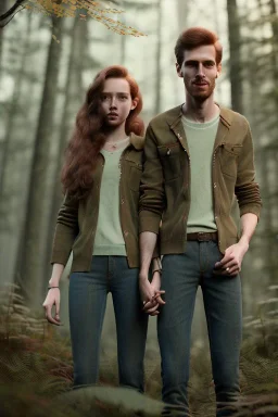 Jeune couple, visage hyper détaillé, réaliste. Forêt fantaisiste détaillée,paysage magnifique, Fille rousse aux cheveux raides et longs, garçon grand, musclé très longs cheveux bruns très bouclés. Fille jean pull, garçon tenue de bûcheron.