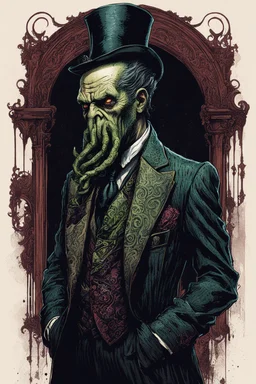 highly detailed color woodcut concept character illustration of a world weary, Cthulhu dressed as a gothic Victorian gentleman , maximalist, sharp focus, highest resolution, in the styles of Denis Forkas , Bill Sienkiewicz, and Masahiro Ito, boldly inked, 8k, coarse, gritty textures