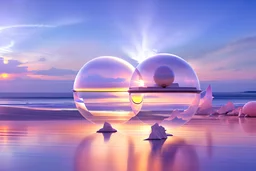Spaceship up in the sky, transparent, white lights bright and pastel colorful bright gloss effect of a dream subtle, light , natural round shapes concept, large transparent view of the open outdoor beach sea at sunset,crystals,light of sun,wisteria, hibiscus flowers, tropical flowers,
