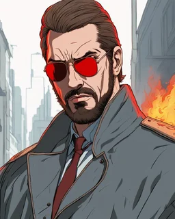 a young man with big muscles who looks like hans gruber wearing a heavy coat and red sunglasses staring with an irritated look on his face standing in front of a large fire