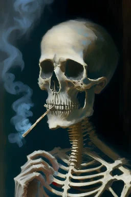 A realistic skeleton smoking tobacco, frontal view, oil painting, painting, semi-realistic, painting, detailed