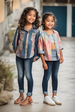 Little 8 years old girl wearing a pretty shirt and jean pant, standing pose