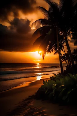 A vibrant sunset over a tropical beach, showcasing the interplay of warm hues, silhouetted palm trees, and crashing waves. Ultra Realistic, National Geographic, Canon EOS R5, 50mm prime lens, f/2.8 aperture, golden hour, impressionistic, Ektar 100 film.