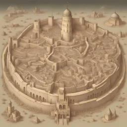 the map of a gigantic city, hand drawn, oval formed, city walls, a castle with walls at the center
