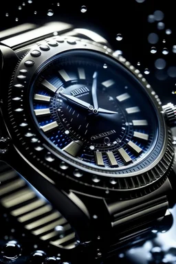 Create a dynamic image of a Cartier Diver watch in mid-journey, with the watch face elegantly illuminated, and subtle water droplets or condensation on the crystal, highlighting its durability."