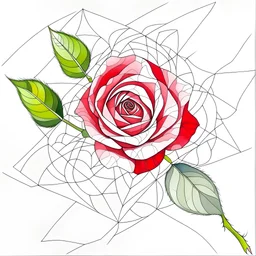 A colorful and minimal watercolor painting of a rose. The rose has big leaves, red petals, with deep red outline details giving a minimal scribbled effect. the image is in the middle of a white canvas. The background should be clean and mostly white, with subtle geometric shapes and thin, straight lines that intersect with dotted nodes. The style is expressive and textured, reminiscent of outsider art.