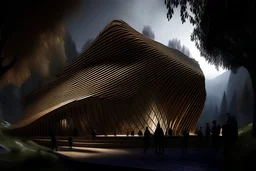 futuristic Iranian theatre with parametric wooden outer skin, vernacular architecture, in jungle of Alborz mountain ranges, wooden structure, sloped roof, wealth of flora, with dancing performance, fog and rain, light ray