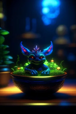 neon outline, awake within a magical nightmare, cauldron with shining sigil and containing a slightly alien fur ball gremlin plant in it, prize winning oil painting, ,bokeh like f/0.8, tilt-shift lens 8k, high detail, smooth render, down-light, unreal engine