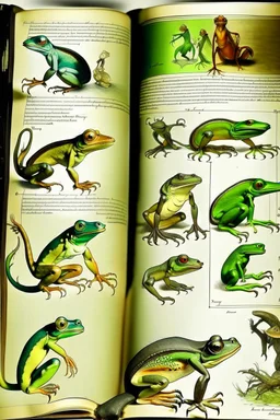 different variations of amphibians montage science book style