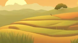 Rice field，Trees，Warm color palette，Animation，A lovely grasshopper，Top of the hill