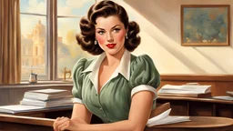 Illustration, refined lineart, a teacher of the french language, she has mid length brown hair, striking hazel eyes, skinny and frail, pinup style, short mini skirt, nervous energy, art by (Art Frahm), 50s illustration style, modern classroom setting, masterpiece, 8k, hdr, painterly style, (art by Claude Monet), rough brushwork, textured paint, she hasperfect hands