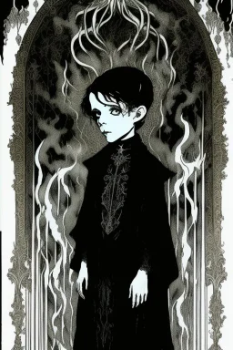 7 year old boy, necromancer, friendly, looks dead, surrounded by weird smoke with eyes, wearing black robes, in the style of Harry Clarke