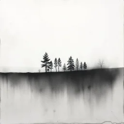 Minimalist rough abstract dusty Charcoal drawing of distant trees on a textured gesso background