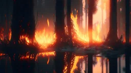 burning forest realistic, cyberpunk modern photorealistic, in the style of , Deviant art, sunlight, post-processing intricate details Octane elegant Unreal Engine cinematic fine details reflections