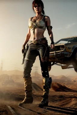 Ultra realistic mad max scene, party. Danger sweet woman, waist up view. Steampunk style, epic, yellow smoke fog, hottest, highly detailed, concept art, unreal engine 5, god rays, ray tracing, RTX, lumen lighting, ultra detail, volumetric lighting, 3d, finely drawn, high definition, high resolution.