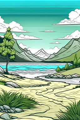 create outline landscape content beach, trees, montains