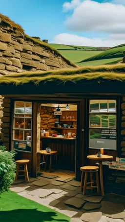 A cozy coffee shop nestled in the midst of Sycamore Gap, with the warm aroma of freshly brewed coffee wafting through the air.