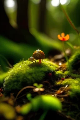 Raupe mit Blume im mund, moss, sunshine, in a forest, Details, sharpness, 8K, highest quality, masterpiece,