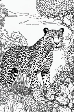 Outline art, Jaguar in the garden, cartoon style, black and white, low detail, no shading, --ar 9:11